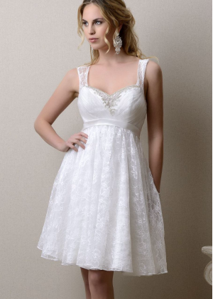 Thin Straps white Beaded Lace Cross Back Knee Length Prom Dress